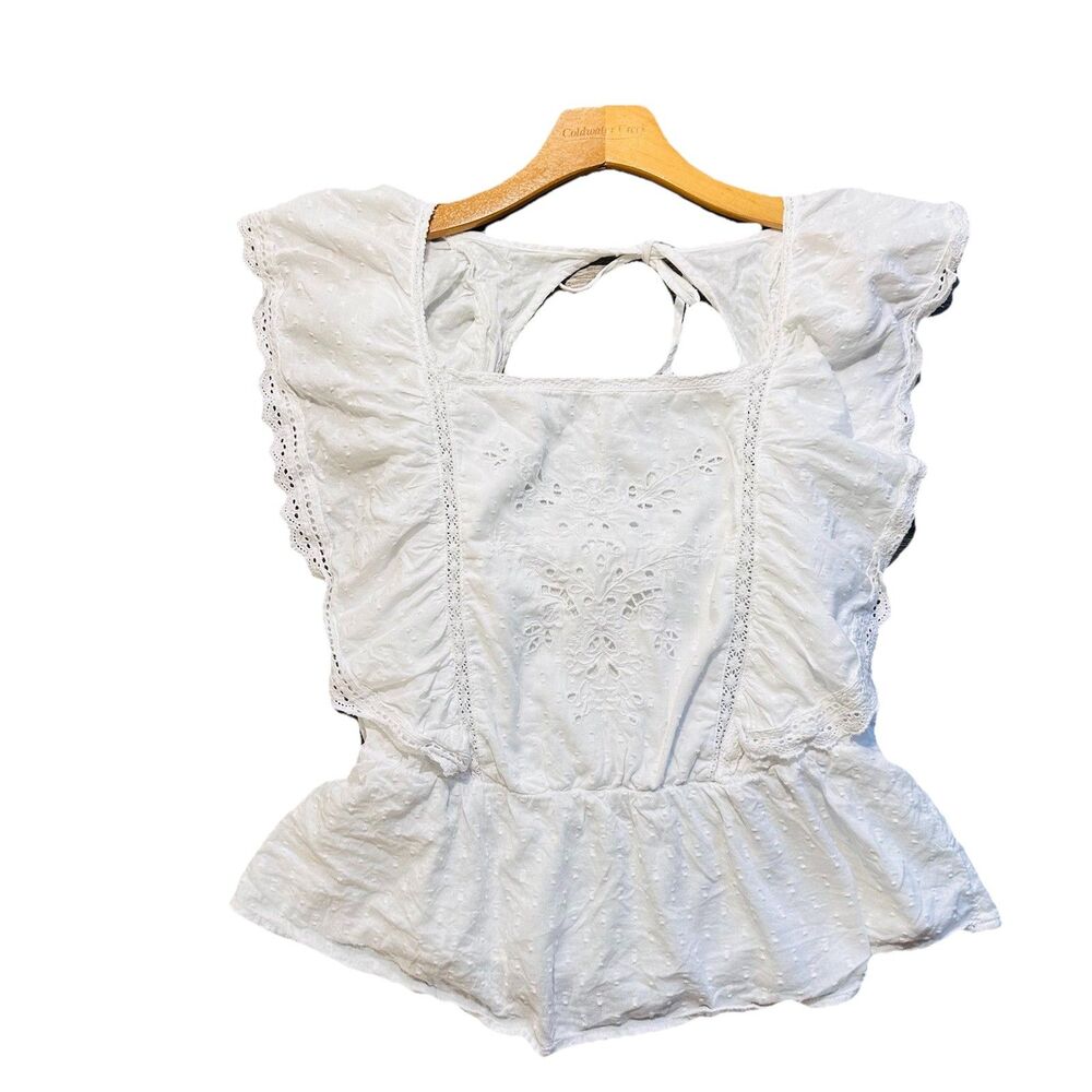 Old Navy Embroidered Top Blouse Peasant Flutter Sleeve SZ L Cotton White Boho - Picture 3 of 9